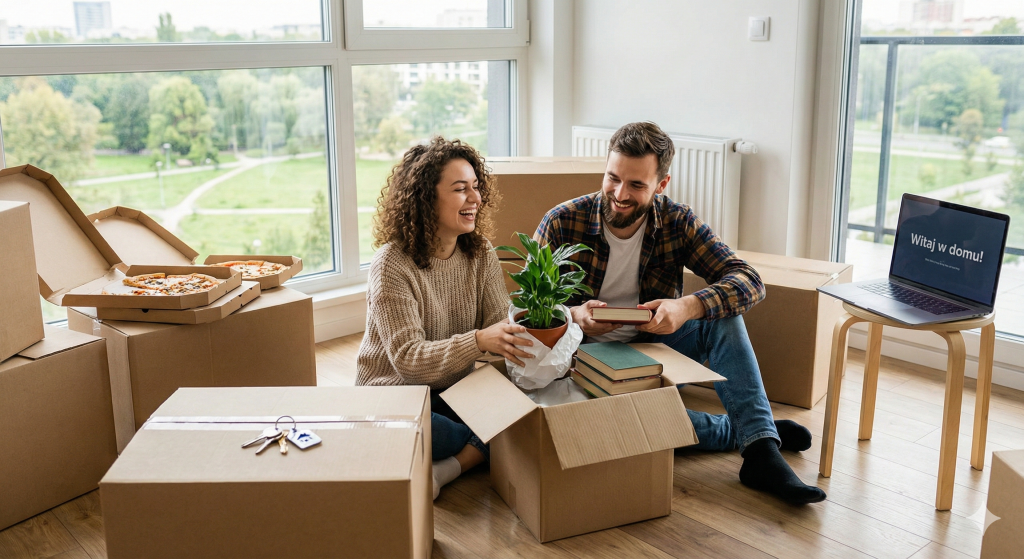Szczęśliwa para w nowym, słonecznym mieszkaniu rozpakowuje kartony po udanym wynajmie bezpośrednim. Na laptopie widoczny ekran powitalny serwisu powiadomień LZX.